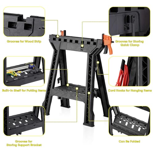 ZYJOYY Saw Horses 2 Pack Folding,Portable Heavy Duty Sawhorse with 1000 lbs Weight Capacity Total,Built-in Tool Tray and Cord Hooks - Image 2