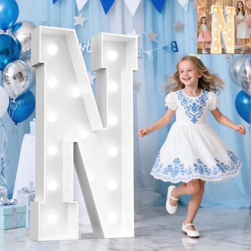 Image of Pooqla 4 FT Marquee Light Up Letters, Cool White and Warm White Marquee Letter 4 Feet Tall, Giant LED Sign Big Mosaic Letter N for Balloons Birthday Party Anniversary Wedding Decorations