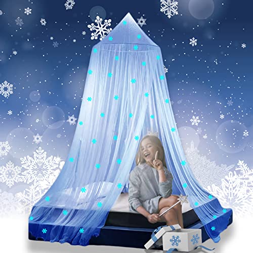Eimilaly Ciel de lit pour Princesse Phosphorescent, Ciel de lit Noël à Flocons pour décoration de Chambre de Fille, Blue