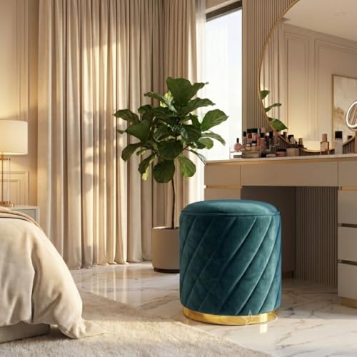Image of Ottoman Stool, Puffy Stool, Sitting Stool, Modern Upholstered Round Ottoman, Dressing Table for Living-Aqua