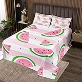 Manfei Watermelon Bedspread Queen Size, Kawaii Fruits Print Quilted Coverlet with 2 Pillowcases, Pink White Stripe Coverlet Set 3pcs for Kids Boys Girls Room Decor, Soft Polyester Bedding Quilt