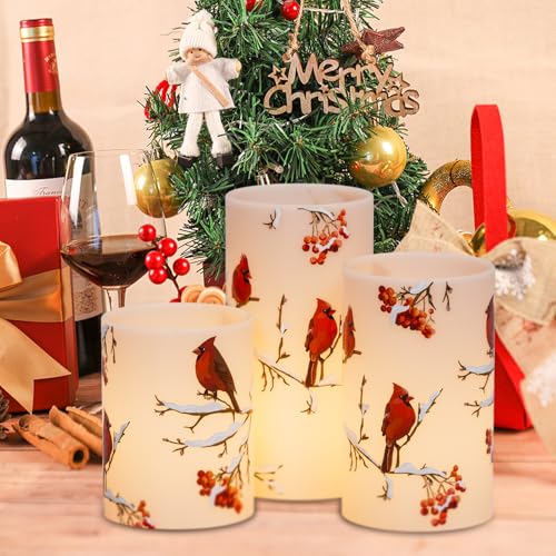 Image of GenSwin Red Bird Flameless Candles with Timer, LED Candles with 3D Wick, Real Wax Pillar Candles for Halloween Christmas Indoor Decorations(D3 inch x H4 inch5 inch6 inch)