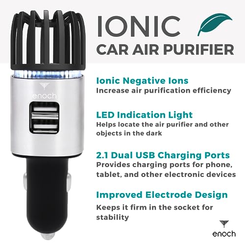 Image of Enoch Car Air Purifier Premium Air Ionizer - 12V Plug-In Ionic Ozone Deodorizer Accessory with Dual USB Car Charger - Eliminates Cigarette Smoke, Pet and Food Odors, Dust (Gray Silver)