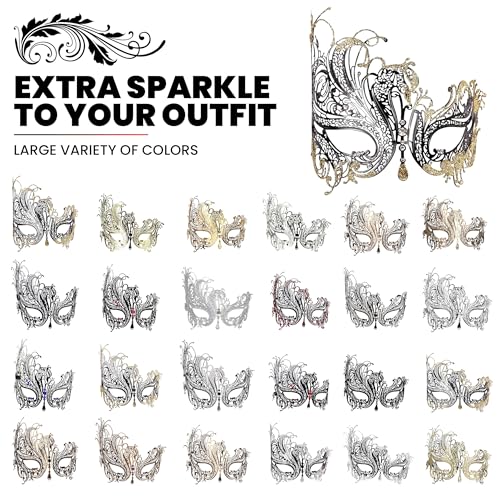 Image of Metal Filigree Masquerade Mask for Women - Swan Style Mask with Rhinestones for Mardi Gras, Prom, Halloween & Venetian Party