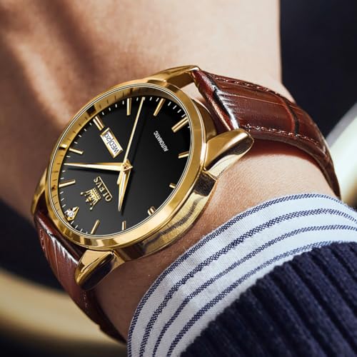 Image of OLEVS Mens Leather Watch Dress Casual Quartz Brown Wrist Watch Date