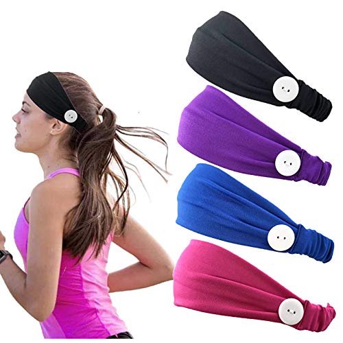 4 pcs Button Headband Yoga Sports Workout Turban Headwrap Elastic Ear Protection Holder Twisted Running Hair Band for Women Men Adult Kids (Style A)