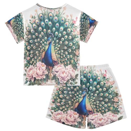 ALAZA Peacock Floral Peony Bird Pajamas Set Short Sleeve Cotton Sleepwear Summer Pjs 2 Piece 5-14Y2