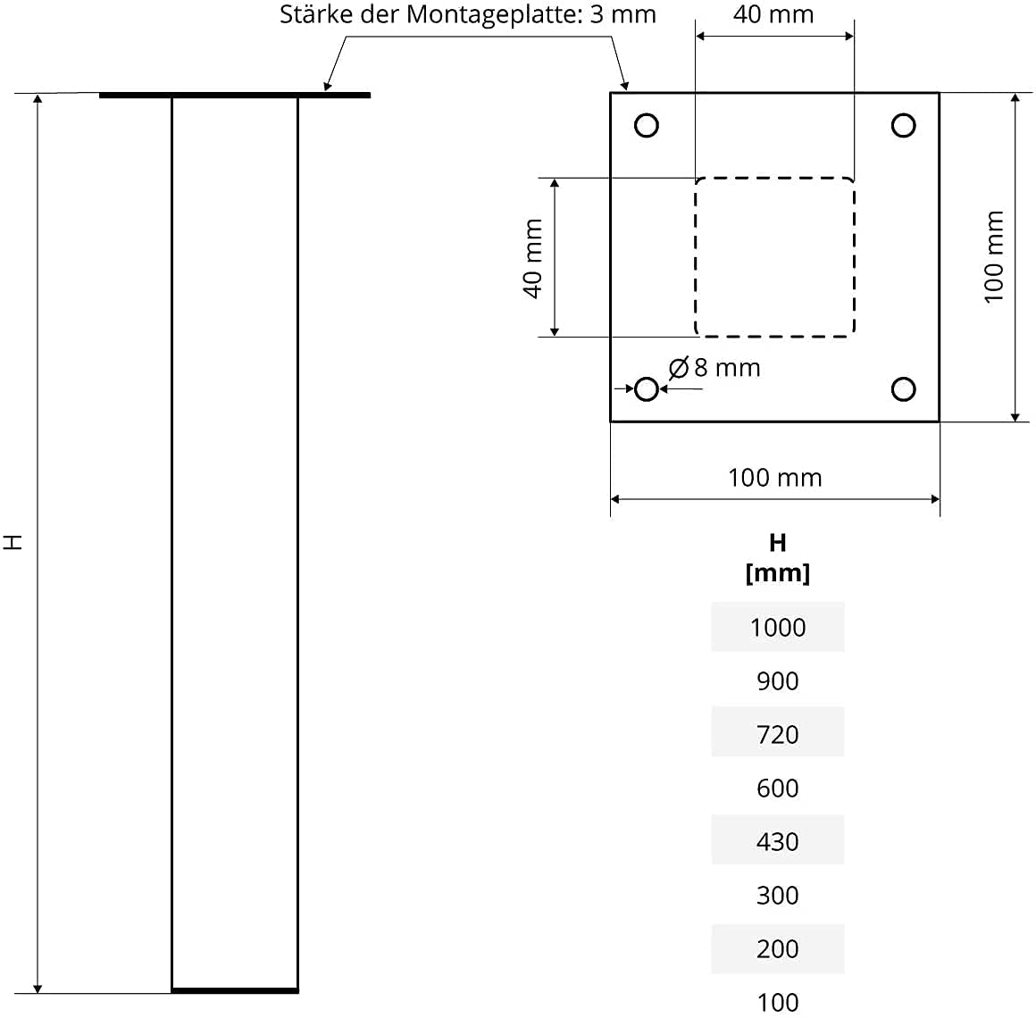 HOLZBRINK Tischbeine Eckig, Möbelfüße aus Quadratrohr 40x40 mm, Höhe 72 cm, Schwarz, 4 Stück, HLT-14A-F-72-9005