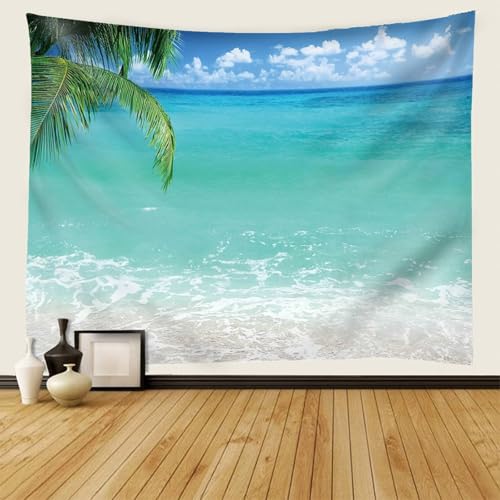 Tenture murale polyester bleu vert paysage tropical feuilles de palmier