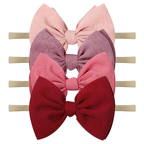 Image of YanJie Baby Girls Nylon Headbands Newborn Bows Handmade Hair Bows Hairbands Hair Accessories for Newborn Infant Toddlers Kids (pink-wine)
