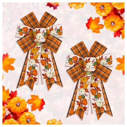 2 Pcs Fall Wreath Bows Thanksgiving Bows Pumpkin Orange Buffalo Plaid Burlap Linen Bow for Wreath, Autumn Ribbon Bows for Thanksgiving Party Home Indoor Outdoor Decoration Wreath Ornament Supplies