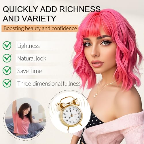 ago pink wigs short wavy hair pastel bob wig with bangs shoulder length synthetic hair for women girl colorful cosplay wig synthetic heat resistant fiber for daily party halloween use313pink