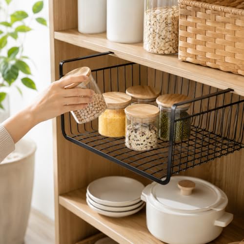 Image of Styleys Black Under Cabinet Storage Basket - Set of 3 Metal Wire Organizers with Dual Fit Hooks (15.5 inch) S11027
