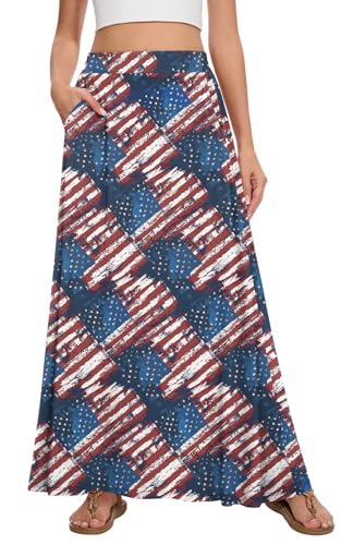 Image of Womens Maxi A-line Long Skirt Casual 2026 Elastic High Waist Flowy Skirts with Pockets