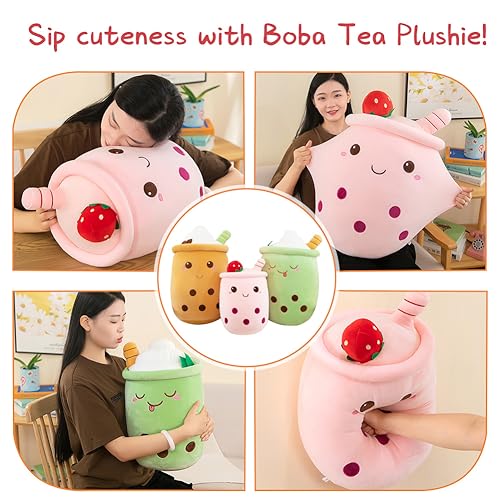AMOZO Bubble Tea Kuscheltier Plüschkissen, Kawaii Bubble Tea Plüschtier Kissen Niedliche Boba Plüsch Weich Stofftier Spielzeug für Boba Liebhaber (24cm, Pink)