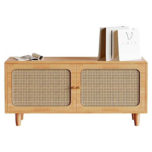 Banco Zapatero de ratán con cojín, Armario Madera para Entrada, Estante Estilo rústico Pasillo y Sala Estar, Mueble Funcional Elegante.