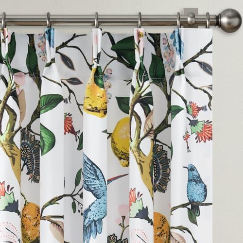 Image of Boho Floral Curtains for Bedroom 63 inch Long 2 Panels Mid Century Botanical Aesthetic Pinch Pleated Drapes,Flower Lemon Bird Printed Thermal Insulated Room Darkening Window Drapes