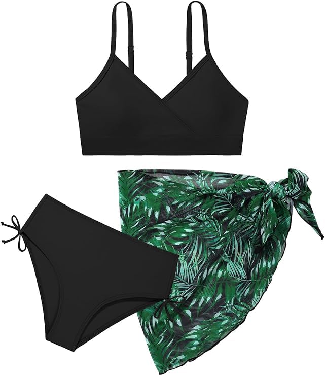 Image of Girls Swimsuit V Neck Bikini Set Color Block with Cover Up Skirt 3 Piece Bathing Suits Tween Swimwear 9-16 Years