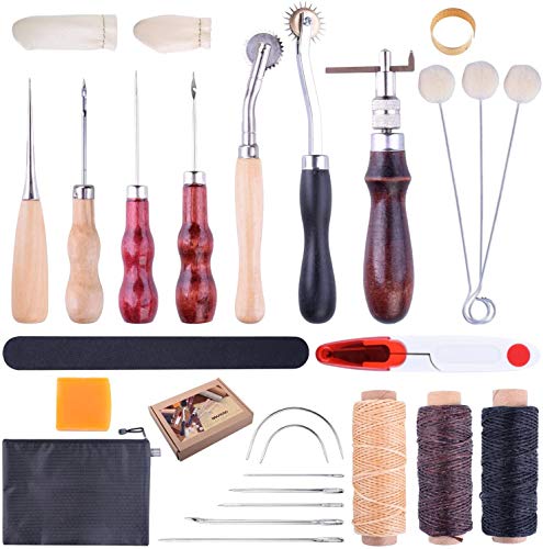 NOUVCOO Novcoo NC60 - Strumenti da Cucito in Pelle, 26 Pezzi, per Fai da Te, Filo Cerato, ago in Pelle, Sacchetto con Chiusura a Zip, Tela o Altri progetti di bricolage, in Pelle Artigianale