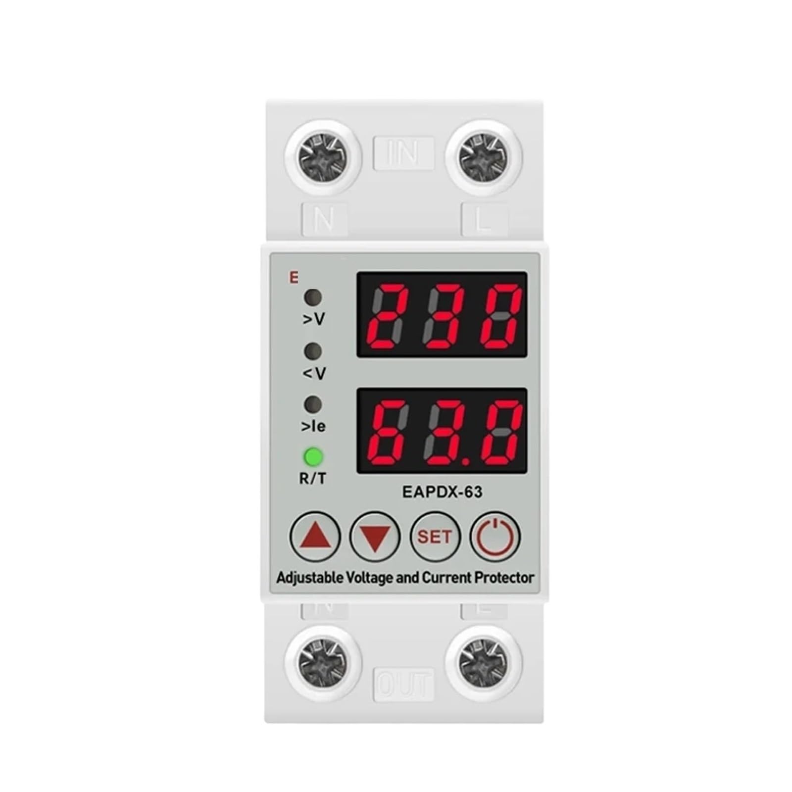 Przekaźnik zabezpieczający przed prądem i podnapięciem regulowany na szynie DIN podwójny wyświetlacz 40A, 63A, 80A, 220V, 230V