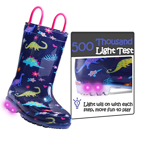 K Komforme Toddler Light Up Rain Boots Patterns And Glitter Rain Boots For Girls Boys With Handles,Black Dinosaur,8 #TOP2