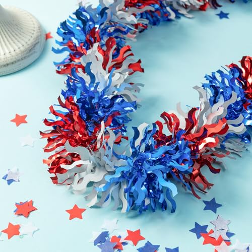 Image of 33FT 4th of July Patriotic Tinsel Garland Red White Blue Glitter Metallic Twist Foil Tinsel Garland for Independence Day Memorial Day Party Door Tree Indoor Outdoor Decoration