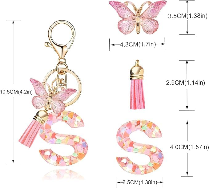 Image of GEOCARTER Lightweight Fashion Initial Letter Key Ring with Butterfly Pendant & Tassel, Stylish Purse Charm for Handbags, Car Keys, Gifts for Girls & Women