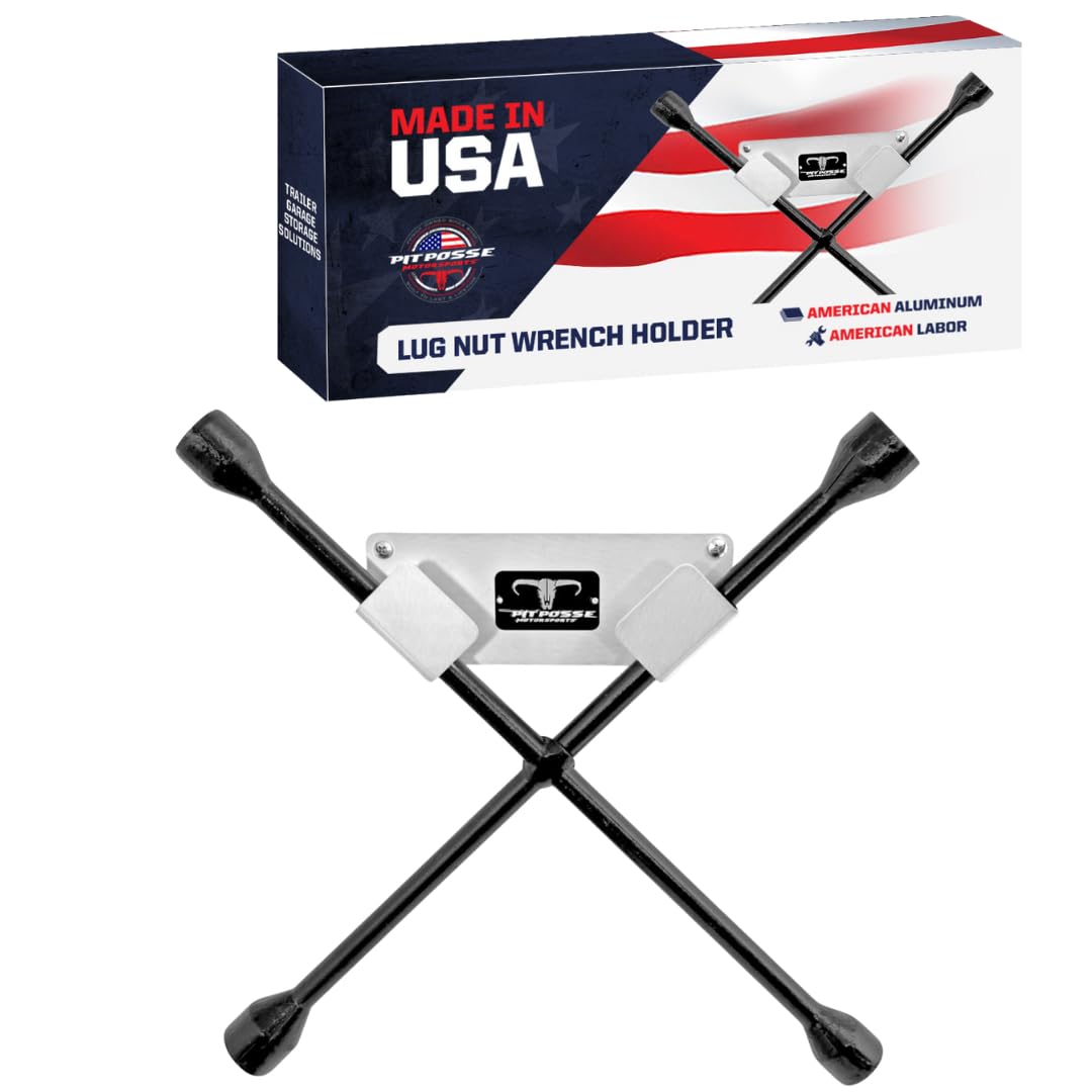 Pit Posse PP3360 4 Way Lug Nut Wrench Holder Aluminum for Enclosed Race Trailer, Garage - Made in USA - Wall Mounted Tire Changer Organizer Tire Iron Hanger Spanner Cross Automotive