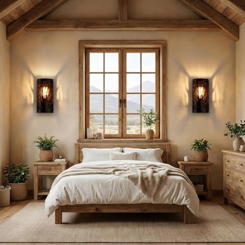 Image of Rustic Wall Sconce Lighting Set of 2, Farmhouse Industrial Tree Branch Metal Wall Lamp Fixtures, Hardwired 1-Light E26 Indoor Living Room Bedroom Hallway Stairway Cabin
