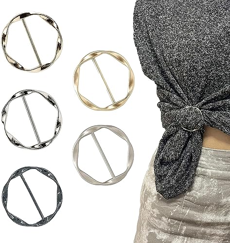 5pcs Silk Scarf Ring Clip T-shirt Tie Clips for Women,Metal Round Circle Clip Buckle Clothing Ring Wrap Holder.Scarf and T-shirt clips with metal circle buckles for fashionable decoration on clothes