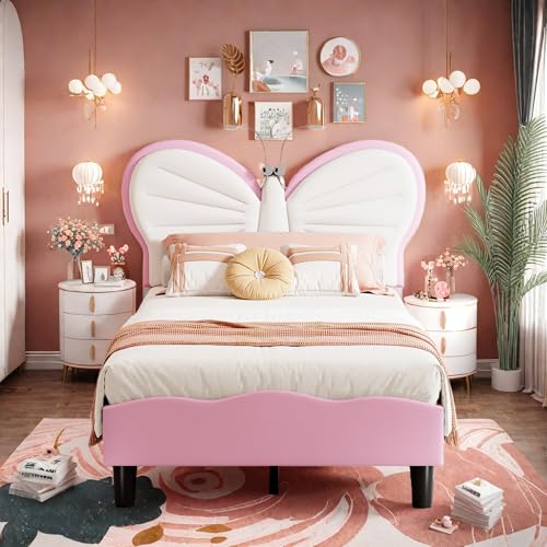 Dormely Lit Enfant 90x200 Rose et Blanc, Cadre Lits avec Sommier à Lattes, Tête de lit Papillon avec Lampe LED, Lit rembourré pour Fille et Ado, sans Matelas