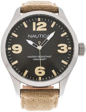 Nautica BFD 102 Men's Quartz Watch with Green Dial Analogue Display and Beige Textile Strap A11558G