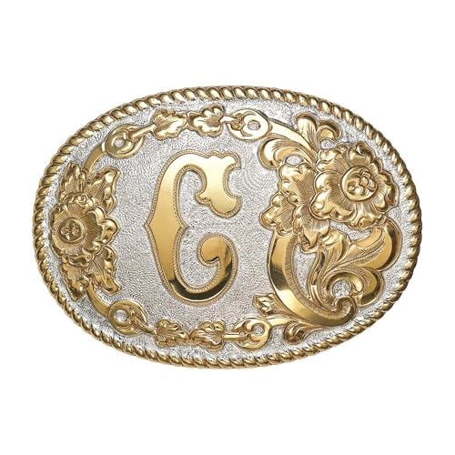 Crumrine Buckle with Hand-Engraved Initial, Floral Embossed Accent, Silver and Gold Finish, 3