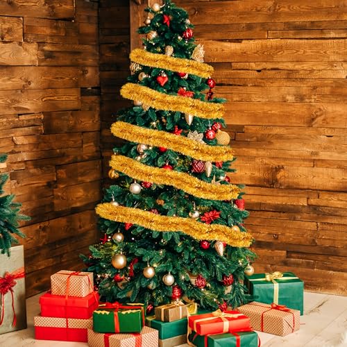 Image of 50 Ft Christmas Tinsel Garland Gold Thick Tinsel Garland Xmas Tree Decorations Metallic Tinsel Twist Garland for Christmas, Birthday, Party Decor Indoor Outdoor Party Supplies