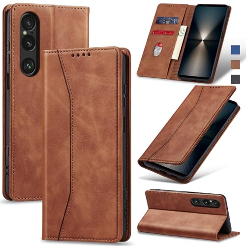 Image of Jasonyu Case for Sony Xperia 1 Vi, PU Leather Case, Book Type Flip Case with Cards and Wallet, Folding Stand, Magnetic Closure, Layer (Brown)