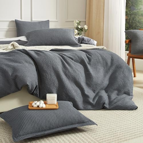 SE SOFTEXLY Waffle Duvet Cover King, 100% Cotton Waffle Weave Bedding Duvet Cover Set, Soft and Breathable Comforter Cover for All Season, 3 Pieces Including Pillow Shams(Dark Grey, 104”x90”)