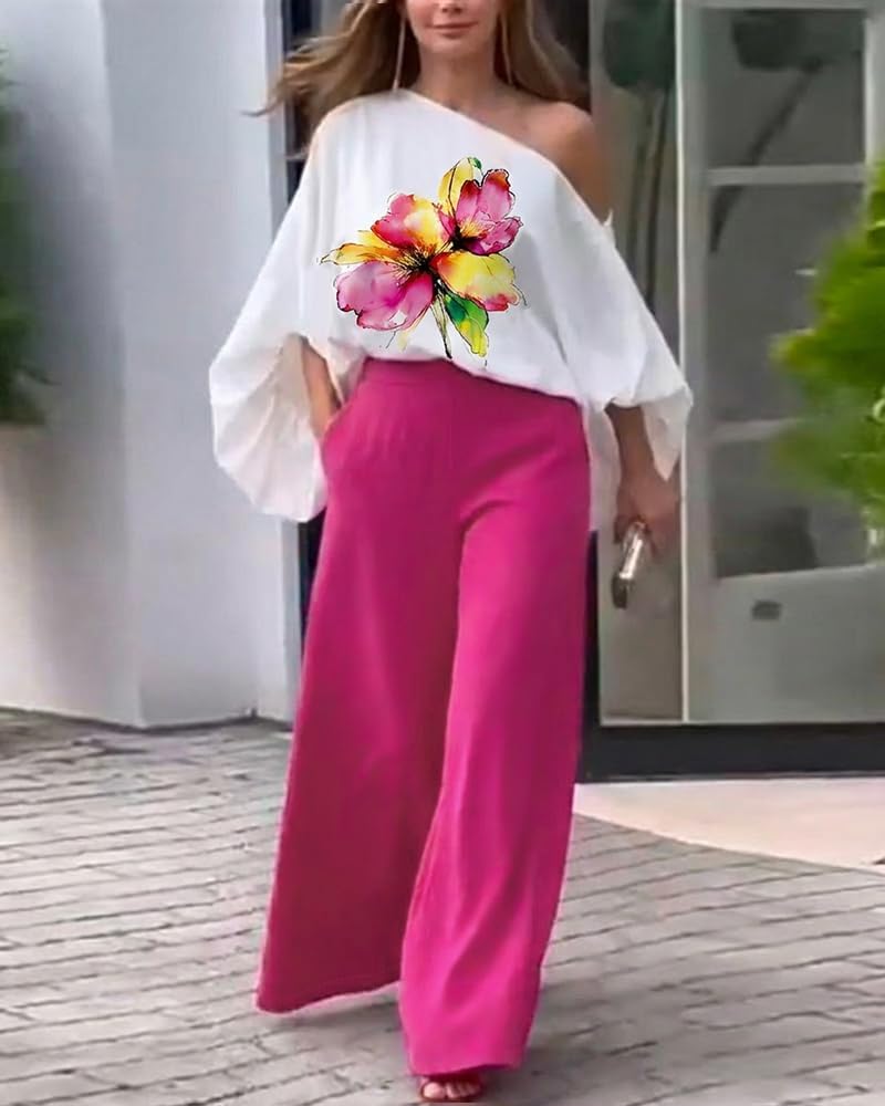 CHICME 2 Piece Sets for Women Off Shoulder Lantern Sleeve Top Flowy Rose Print Wide Leg Pants Set