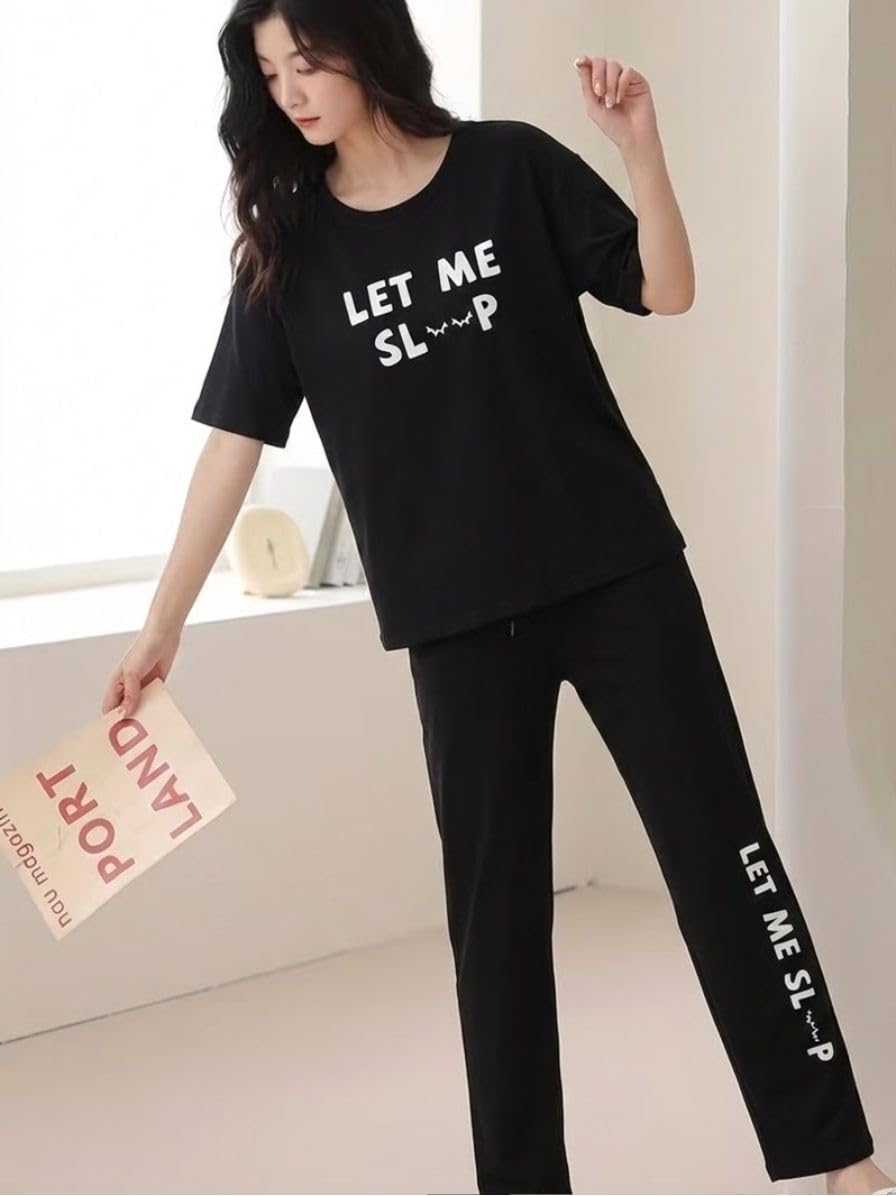 SMOWKLY Conjunto de pijama de dos piezas de mezcla de algodón de alta calidad con bonito estampado para mujer, camiseta elegante con pantalón de pijama, cómoda ropa de descanso