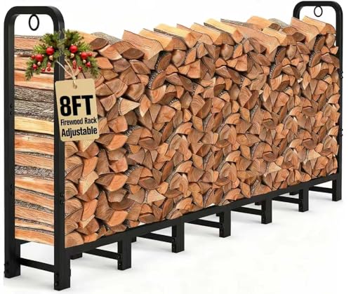 Best Firewood Racks Reviews Amagabeli 8ft Firewood Log Rack Outdoor Heavy Duty Logs Holder for Fireplace Indoor Outdoor Adjustable Wood Racks for Fire Wood Holder Metal Pile Stand Storage Stacker Organizer Black