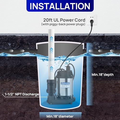 Image of AQUASTRONG 3 /4 HP Sump Pump, 4200 GPH Stainless Steel and Thermoplastic Submersible Water Pump, Automatic Float Switch with Piggy-back Plug,1-1 /2 inch NPT Discharge Subpumps for Basement and Flooding Area