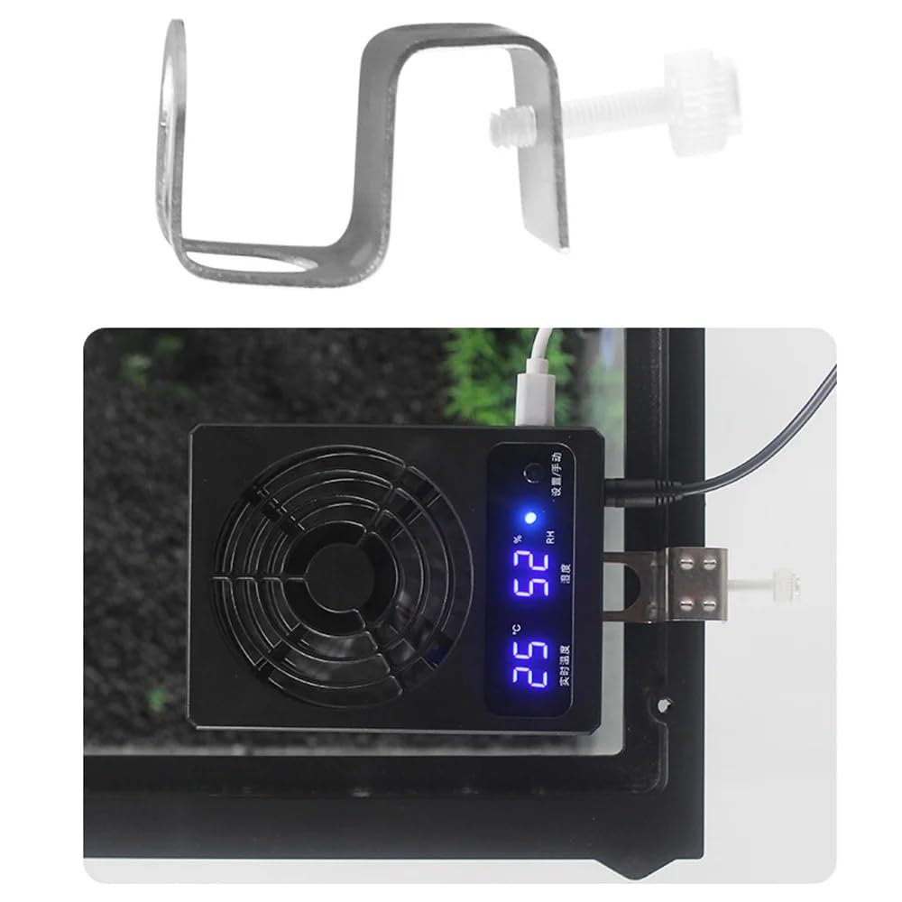 Termómetro e Higrómetro para Tanque de Selva Tropical de Reptiles, Ventilador de Ventilación con Control Inteligente Deshumidificador de Ventilación con Pantalla Digital