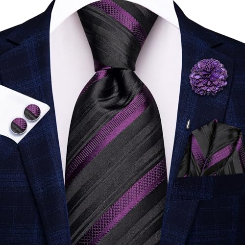 Image of Hi-Tie Men Silk Ties Set with Flower Lapel Pin Necktie Pocket Square Cufflinks for Tuxedo Wedding Business