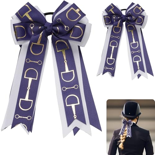 YKW 2 Pack Moños Ecuestres para Cabello para Niñas - Clips de Cinta con Diseño de Freno de Caballo en Azul Marino y Blanco - Accesorios de Grosgrain para Eventos de Equitación, Escuela, Fiestas - 4.3×7.5 Pulgadas miniatura 1
