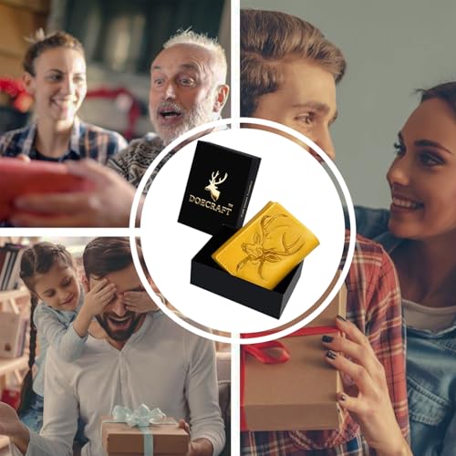 Image of Men's Genuine Leather RFID Wallet | Premium Slim Red Wallet for Men with Deer 3D Print | 8 Card Slots Secure and Durable | Casual Stylish | Formal & Gifting Use, Golden (Yellow)