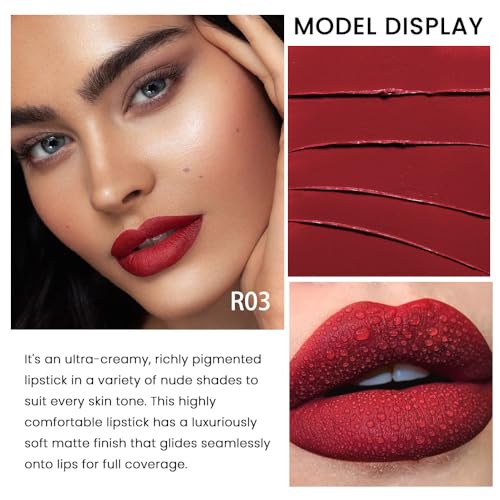 Image of evpct 1Pcs Dark Red Lipstick, Silky Velvet Matte Lipstick Pack Sets for Women, Long Lasting Smudge Proof Lipstick Lip Stain Makeup Kit matte lipstick 24 hours original R03