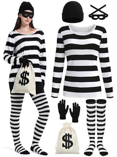 FancyFun 6 Pieces Halloween Costume Set Womens Robber Costume Set Adult Halloween Cosplay Burglar Shirt Accessories L
