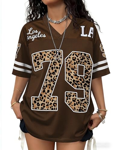 Plameil Women Y2K Tops Oversized Jersey Shirts Mens Graphic Number T-Shirts Streetwear Football (Brown Leopard, S)