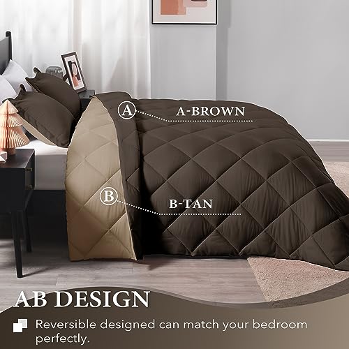 Image of downluxe Full Size Comforter Set - Brown and Tan Full Comforter - Soft Bedding Sets for All Seasons -3- Piece Comforter Set Full with 2 Reversible Pillow Shams