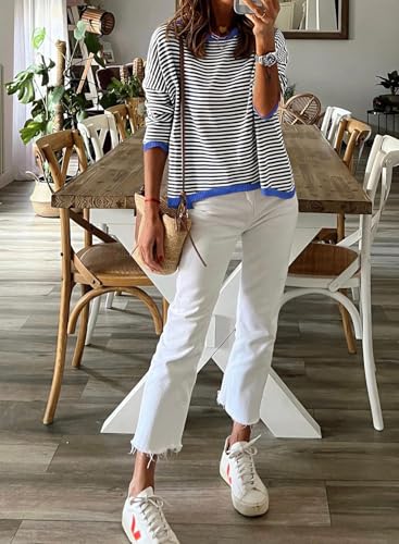 Image of Dokotoo Women's Long Sleeve Sweaters Casual Crewneck Fashion Fall Striped Color Block Shirts High Low Pullover Sweater Tops