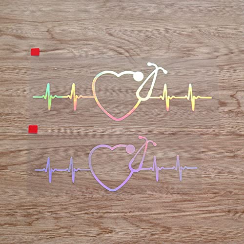 Image of Nurse Stethoscope Heartbeat Lifeline Heart Shape Sticker Decal Vinyl - 2 Pack Holographic Iridescent, 7 Inches, 8 Inches - No Background Die Cut for Car Boat Laptop